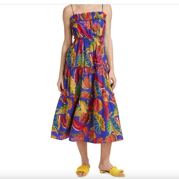 Farm Rio Blue Beaks & Bananas Tiered Midi Dress Size S - Picture 4 of 7